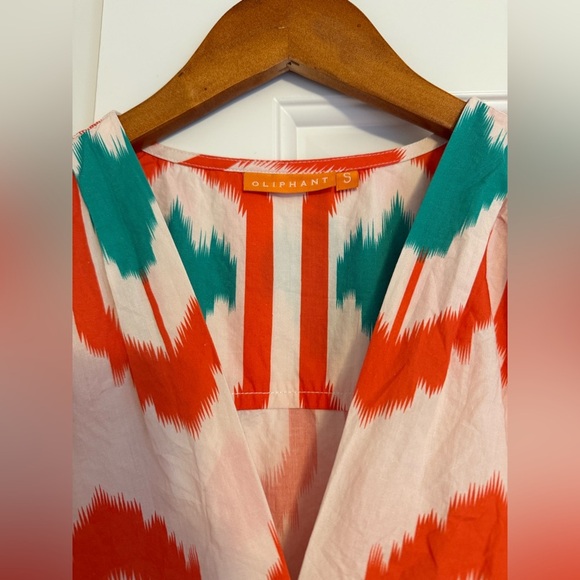 Oliphant Smocked Waist Mini Dress in Odisha Coral Print Women's Sz S Orange Teal - Picture 4 of 14